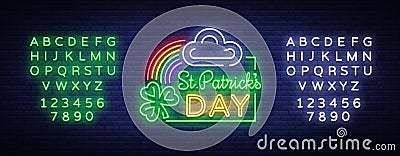 St Patricks Day Vector. Neon sign, logo, invitation symbol, greeting card, postcard. Design a neon style template for Vector Illustration