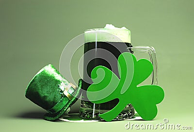 St Patricks Green Beer, Shamrock & Leprechaun Hat Stock Photo