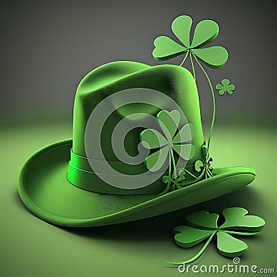 st patricks Green hat with clover leaf on green background - generated by ai Stock Photo