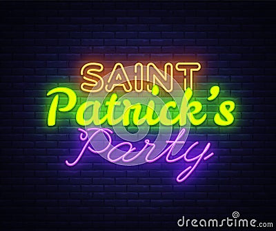 St. Patricks Party design template neon sign vector. Saint Patrick greeting card, Light banner, neon style, night bright Vector Illustration