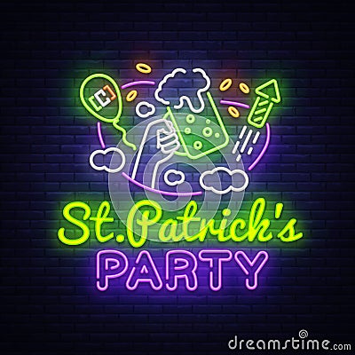 St. Patricks Party design template vector. St. Patrick greeting card, Light banner, neon style, night bright advertising Vector Illustration