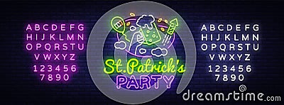 St. Patricks Party design template vector. St. Patrick greeting card, Light banner, neon style, night bright advertising Vector Illustration