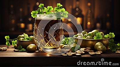 St Patrics day, golden coins and lucky four leaves clover, Irish beer holiday Stock Photo