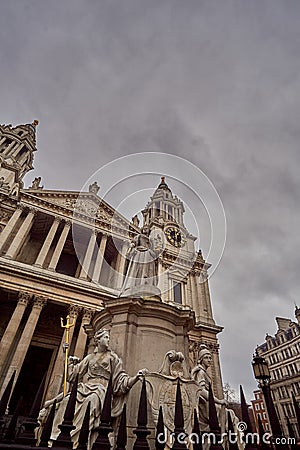 St Paul Cathedral and London city in the UK. Urban view in United Kingdom with Church in old town and business district, England, Editorial Stock Photo