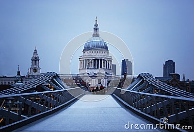 St Paul's Cathedral and Millenium Bridge in London Editorial Stock Photo