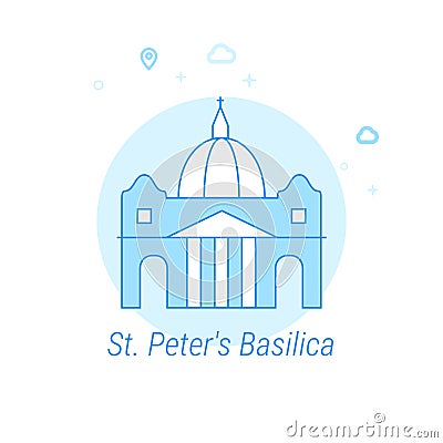 St. Peter Basilica, Rome Flat Vector Illustration, Icon. Light Blue Monochrome Design. Editable Stroke Vector Illustration