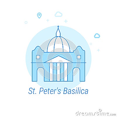 St. Peter Basilica, Rome Flat Vector Illustration, Icon. Light Blue Monochrome Design. Editable Stroke Stock Photo