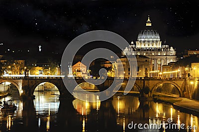 St. Peter basilica and Tiber river at night Stock Photo