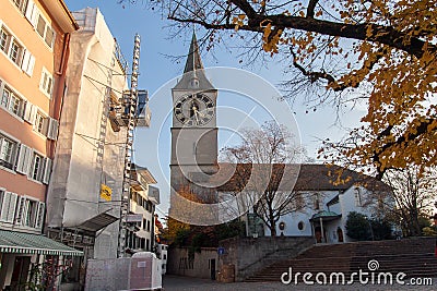 St. Peter Church and autumn trees, City of Zurich, Switzerland Editorial Stock Photo