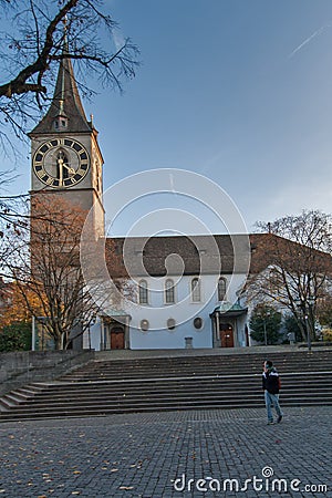 St. Peter Church and autumn trees, City of Zurich, Switzerland Editorial Stock Photo