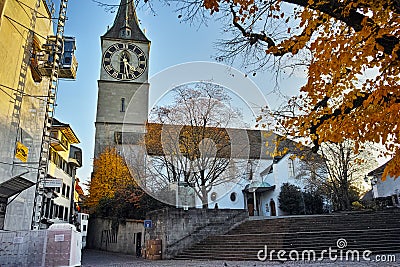 St. Peter Church and autumn trees, City of Zurich, Switzerland Editorial Stock Photo