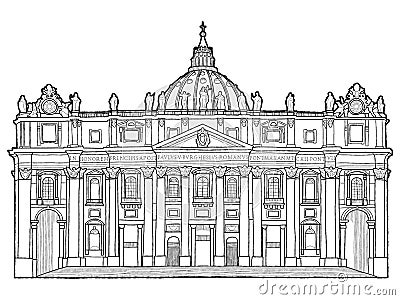 St. Peter`s Basilica, Vatican City, Italy: Vector Illustration Hand Drawn Landmark Cartoon Art Vector Illustration