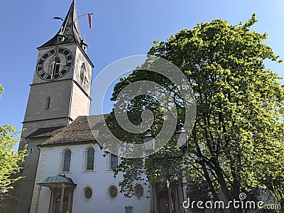 St. Peter`s church in Zurich - Largest tower clock face in Europe Stock Photo