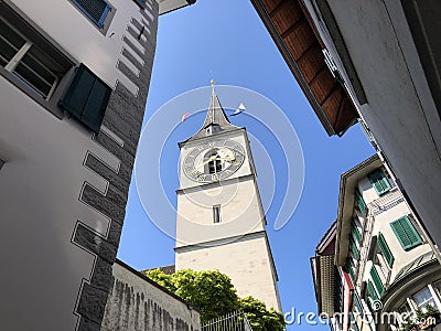 St. Peter`s church in Zurich - Largest tower clock face in Europe Stock Photo