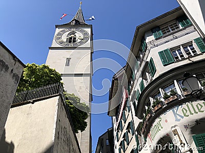 St. Peter`s church in Zurich - Largest tower clock face in Europe Editorial Stock Photo