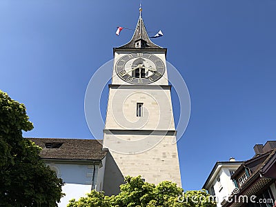 St. Peter`s church in Zurich - Largest tower clock face in Europe Stock Photo