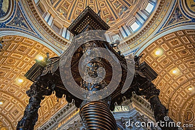 St Peter`s dome by Michelangelo Buonarroti with Bernini`s baldacchino, Vatican city Editorial Stock Photo