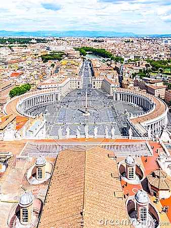 St. Peter`s Square and Rome panoramic cityscape. View from dome of St. Peters Basilica Stock Photo