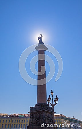 St. Petersburg Palace square Alexander column solar glow Stock Photo