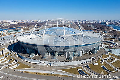 ST. PETERSBURG, RUSSIA - APRIL, 2019: Panoramic winter aerial view of the Zenith Arena stadium in St. Petersburg and its Editorial Stock Photo