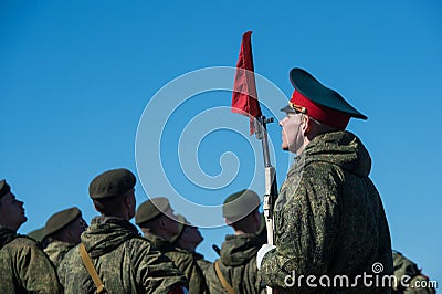 Training before the parade in honor of the victory in the First World War. Soldiers and officers in the ranks are marching Editorial Stock Photo