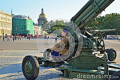 The woman in the form of fighter air defence of the sitting seat Editorial Stock Photo