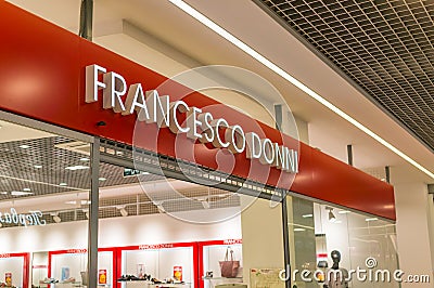 St. Petersburg, Russia - 08.13.2019: A bright sign of Francesco Donny store of modern fashionable shoes Editorial Stock Photo