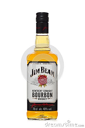St.Petersburg, Russia - December 2019 - Bottle of Jim Beam bourbon whiskey isolated on white background Editorial Stock Photo