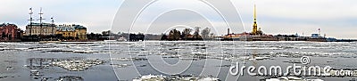 St. Petersburg, Russia, February 2020. Beautiful panorama of the city overlooking the Peter and Paul Fortress. Editorial Stock Photo