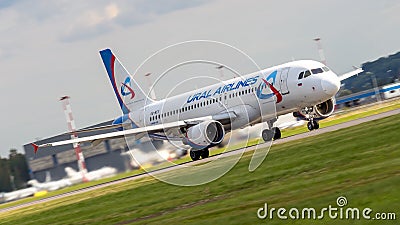 St Petersburg, Russia - 08/16/2018: Jet airliner Airbus A320 `Ural Airlines` VQ-BCY in Pulkovo Airport. Editorial Stock Photo