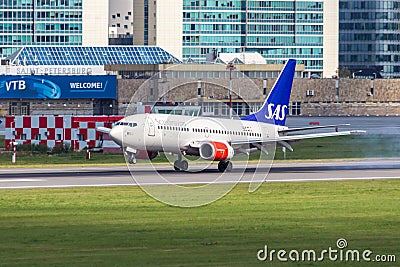 St Petersburg, Russia - 08/16/2018: Jet airliner Boeing 737-700 SAS Scandinavian Airlines LN-TUF in Pulkovo Editorial Stock Photo