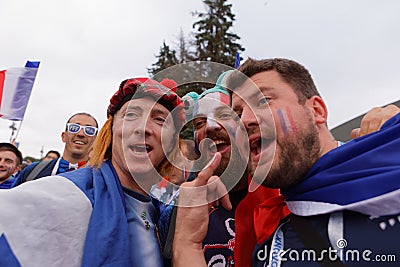 French football fans singing at Saint Petersburg stadium during FIFA World Cup Russia 2018 Editorial Stock Photo