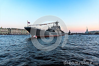 St. Petersburg, Russia, July 2018. Russian Navy warship at a naval parade in the city center. Editorial Stock Photo