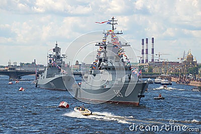 Russian warships `Stoiky` and `Admiral Makarov` in the water area of the Neva river Editorial Stock Photo