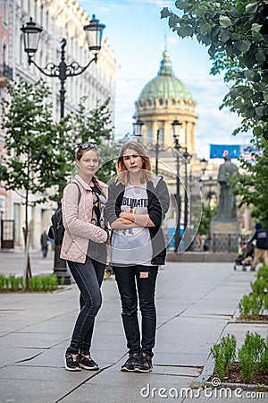 St. Petersburg, Russia, June 28, 2019: teens l walking around the city Editorial Stock Photo