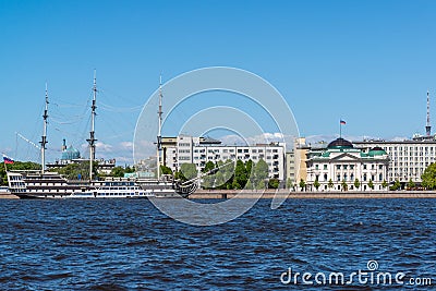 St. Petersburg, Russia - June 04. 2017. view of Petrine quay and Frigate Grace Editorial Stock Photo