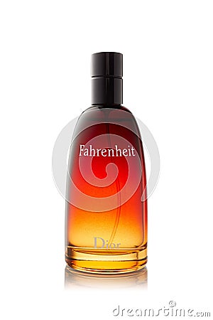 Bottle of perfume Fahrenheit on white background. Christian Dior Editorial Stock Photo