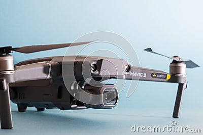 ST. PETERSBURG, RUSSIA - MARCH, 2019: DJI Mavic 2 pro with Hasselblad camera against blue background - an andvanced prosumer drone Editorial Stock Photo