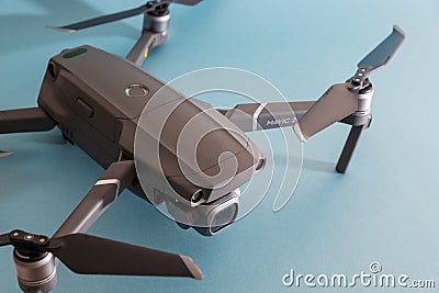 ST. PETERSBURG, RUSSIA - MARCH, 2019: DJI Mavic 2 pro with Hasselblad camera against blue background - an andvanced prosumer drone Editorial Stock Photo