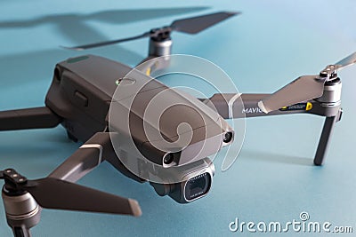 ST. PETERSBURG, RUSSIA - MARCH, 2019: DJI Mavic 2 pro with Hasselblad camera against blue background - an andvanced prosumer drone Editorial Stock Photo