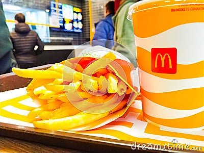 St. Petersburg Russia March 10, 2022 French fries in a McDonald`s restaurant before bankruptcy Editorial Stock Photo