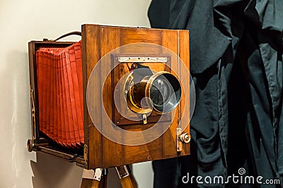 Large-format direct-view photo camera in the Museum of the history of photography Editorial Stock Photo
