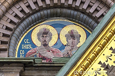 Mosaic images of saints on the walls of the Cathedral of the Savior on Spilled Blood in St. Petersburg Editorial Stock Photo