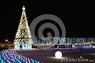 St. Petersburg, Russia. New Year and Christmas. Garlanded trees and colorful lanterns. Christmas tree in the city center Stock Photo