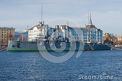 Cruiser `Aurora` against of the Nakhimov Naval School Editorial Stock Photo