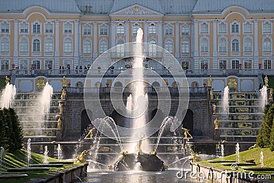 The `Samson Who Is Breaking Off a Lion Mouth` fountain against the background of the Grand Peterhof Palace Editorial Stock Photo