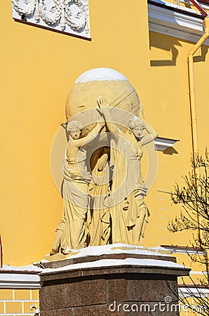 St. Petersburg, Russia, February, 27, 2018. Sculpture of Atlant, supporting the vault of heaven, in front of the Admiralty buildin Editorial Stock Photo