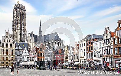 St. Rumbold's Cathedral at Grote Markt. Mechelen Editorial Stock Photo