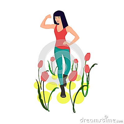 st strong brunette modern stylish woman with tulips the symbol of March 8 Vector Illustration