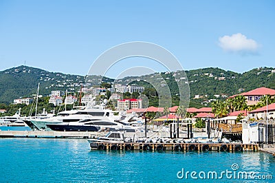 St.Thomas, British virgin island - January 13, 2016: luxury travel on boat, water transport. Yachts moored at sea pier on mountain Editorial Stock Photo